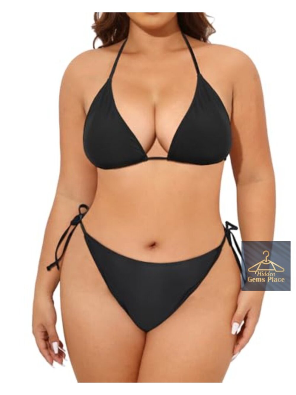 Plus Size String Triangle Bikini Halter Side Tie 2 Piece Swim Set High Stretch